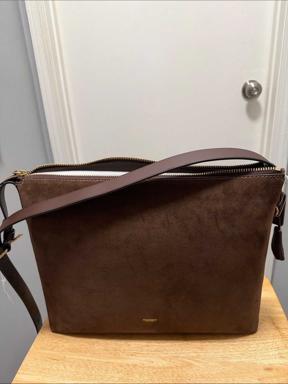 Coach Men/Women Dark Brown Suede Messenger Bag 38 with Gold Hardware